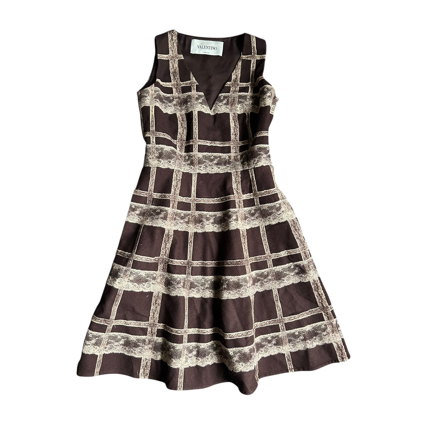 Valentino Runway 2011 Lace Grid Dress – Brown Sleeveless A-Line Designer Dress
