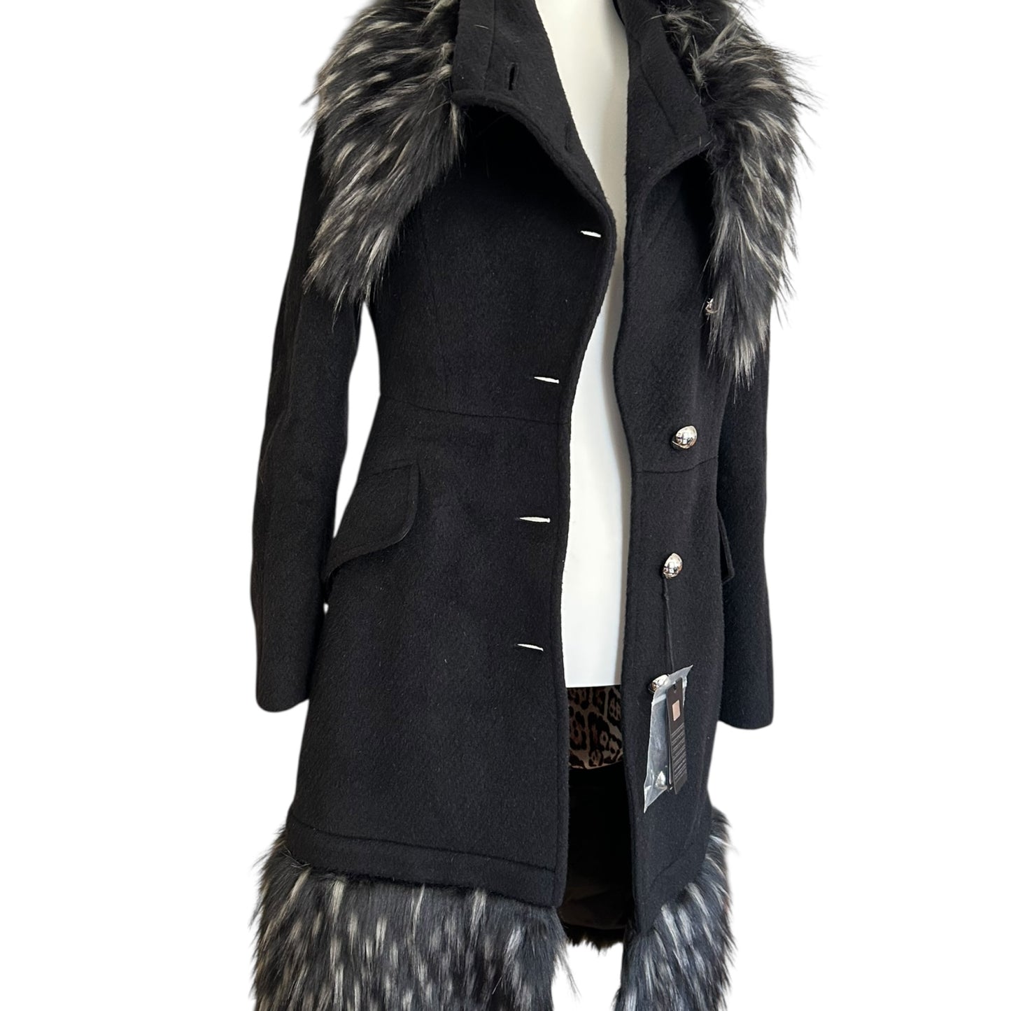 Roberto Cavalli wool black fur trim coat NWT