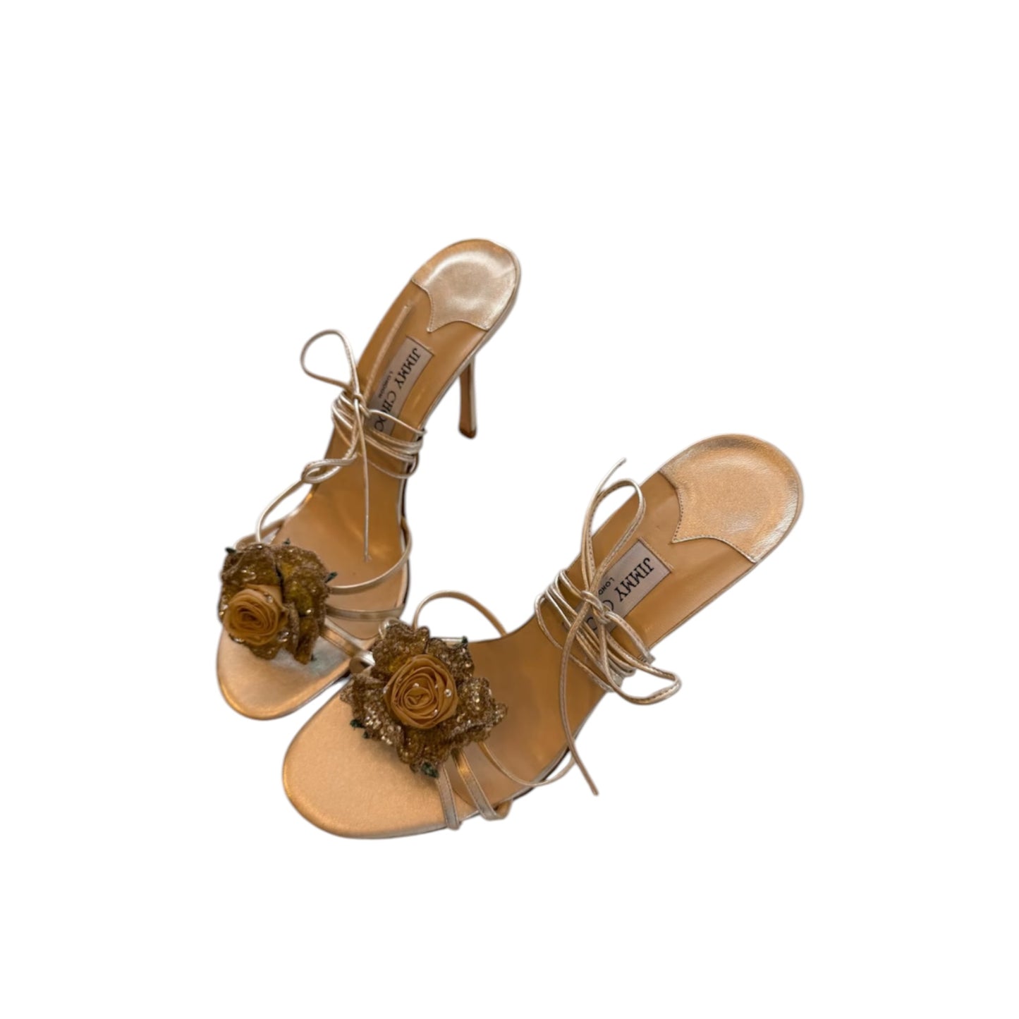 Jimmy Choo Gold Rose Floral Lace-Up Heels / 42