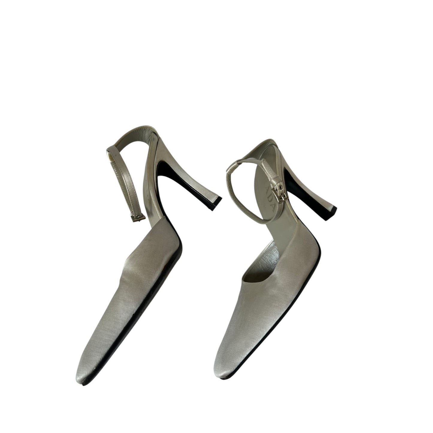 Vintage Prada silver satin heels / 38.5