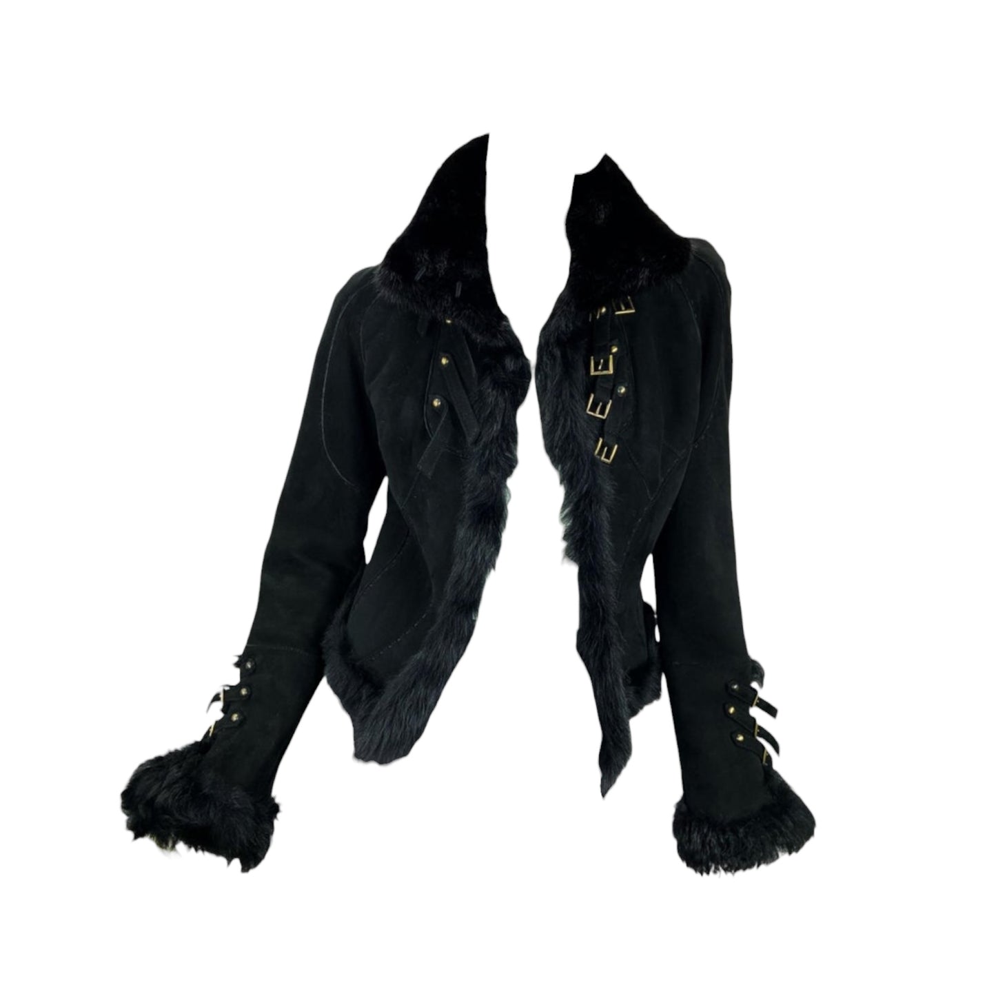 Vintage Roberto Cavalli FW 2004 black suede and mink shearling jacket coat