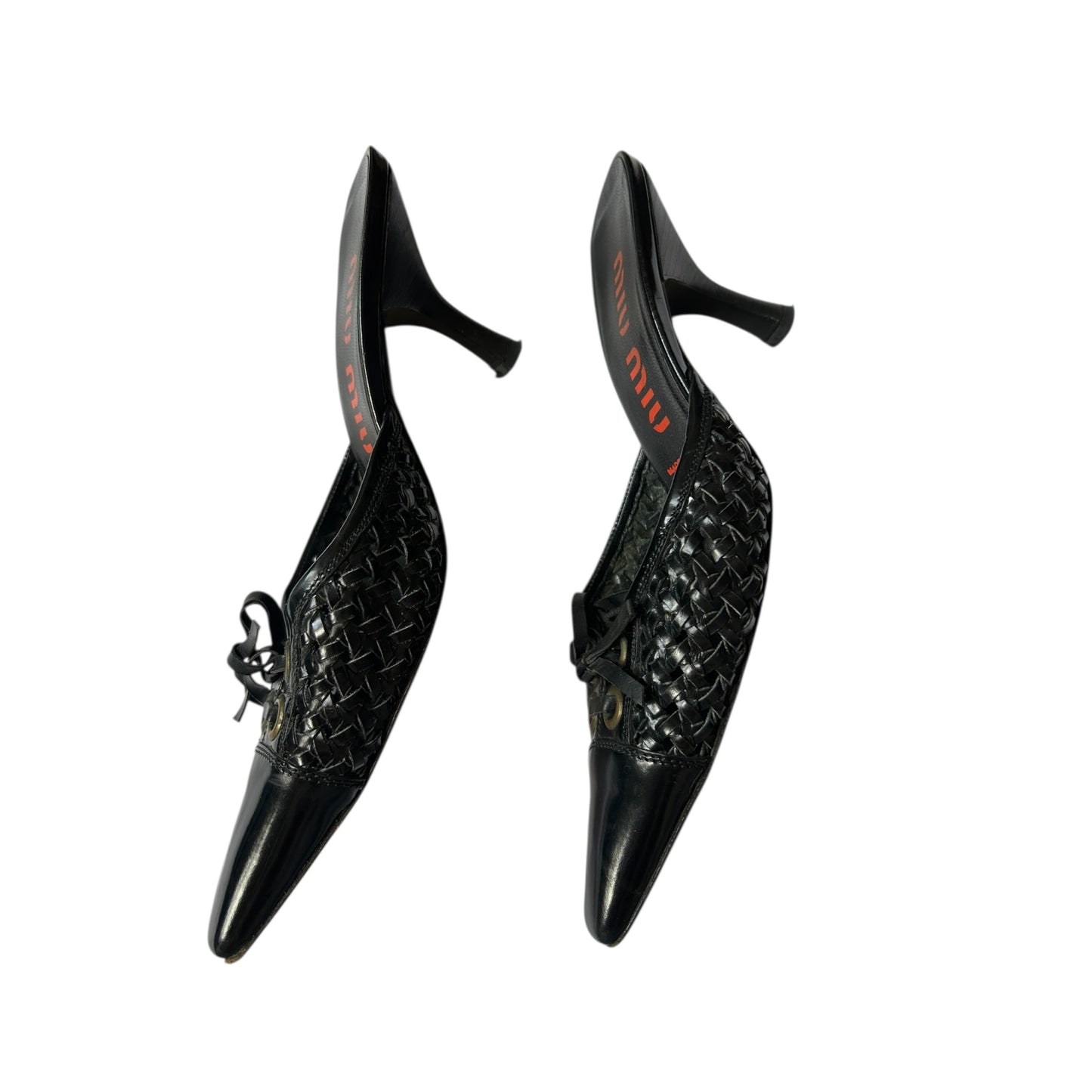 Vintage Miu Miu bow tie black leather mule heels / 36