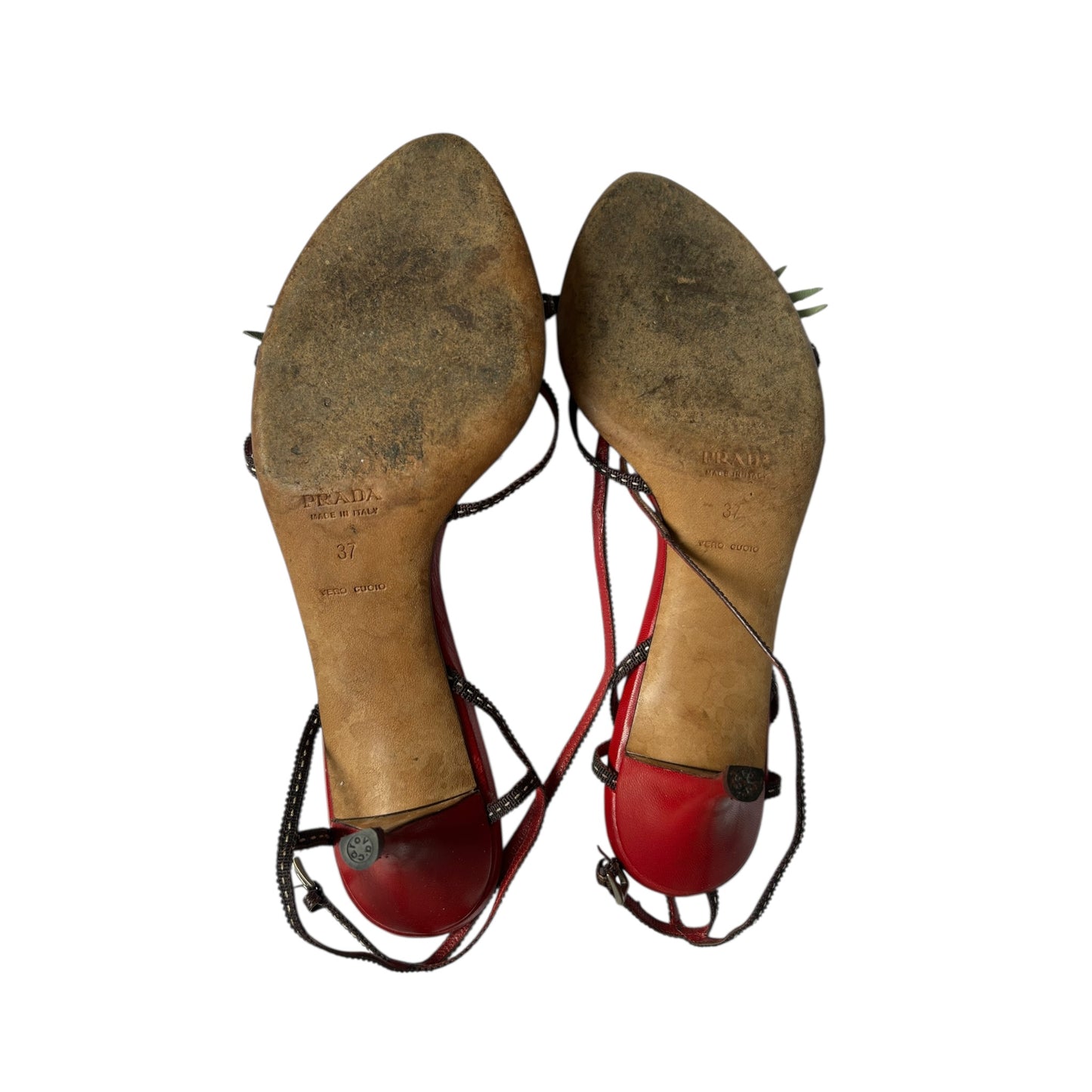 Vintage Prada floral appliqué red sandal heels / 37