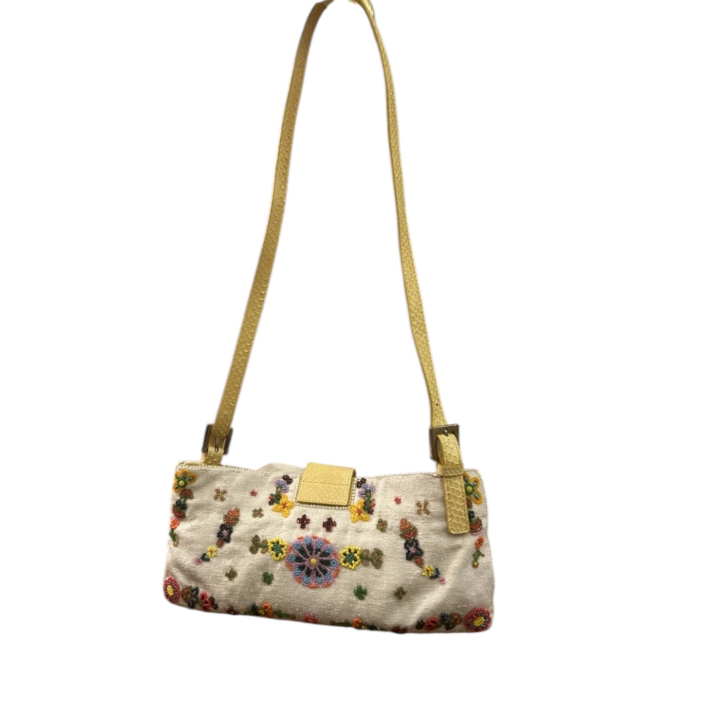 Fendi Baguette Floral Beaded Bag – Vintage Linen & Python Leather FF Logo Shoulder Bag
