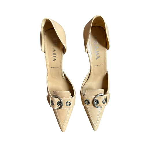 Vintage Prada SS2002 buckle nude kitten heels / 37.5