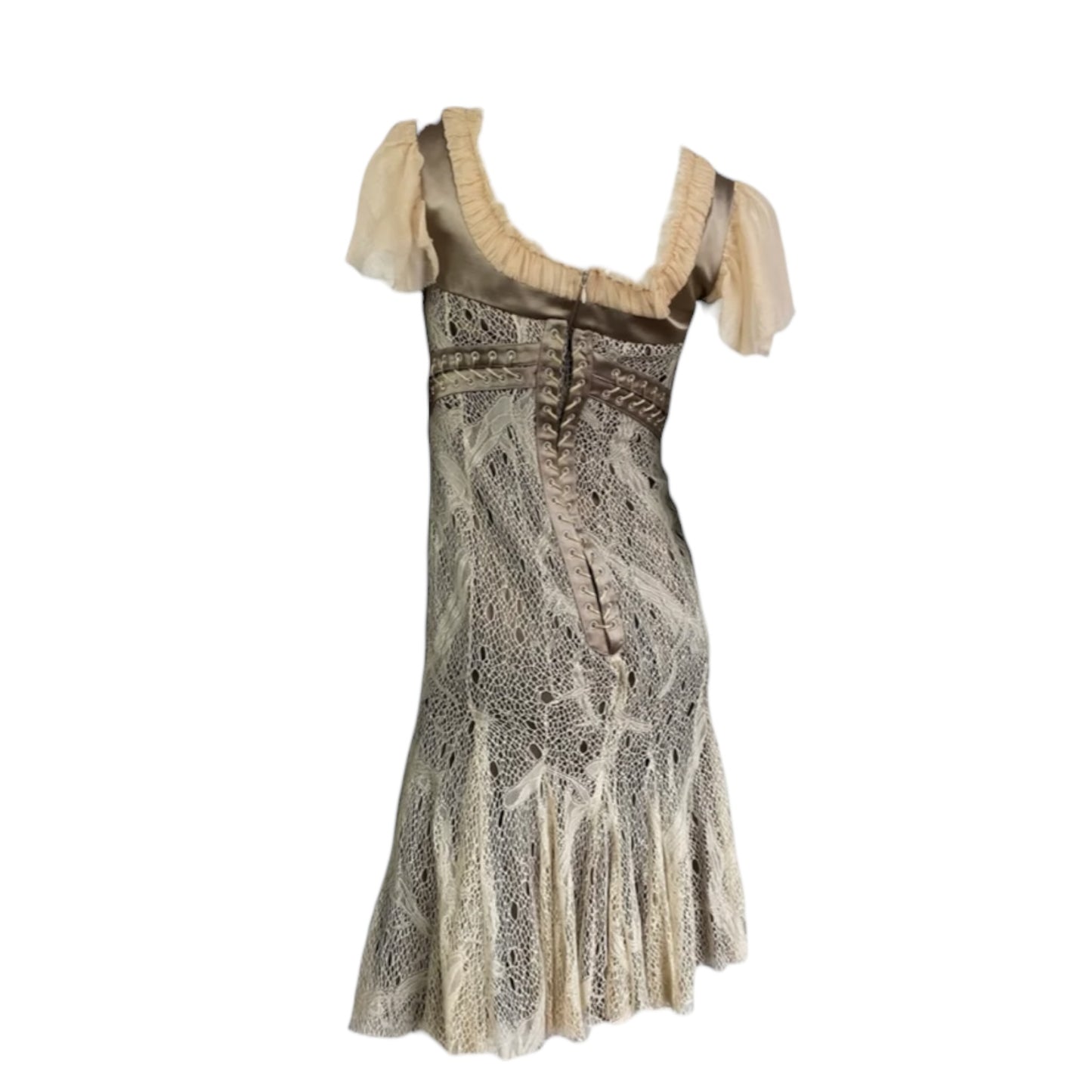 Vintage Alexander Mcqueen Fw2002 «Supercalifragilist Icexpialidocious» Beige Lace & Silk Bondage Corset Midi Dress
