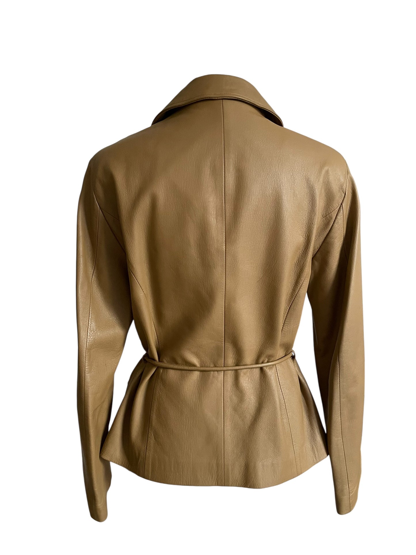 Vintage Camel Brown Genuine Leather Jacket with Belt – Women’s Fitted Zip Jacket