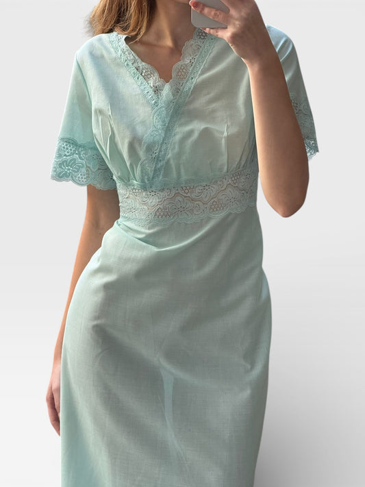 Vintage 60s italian turquoise lace detailed maxi slip dress/ M
