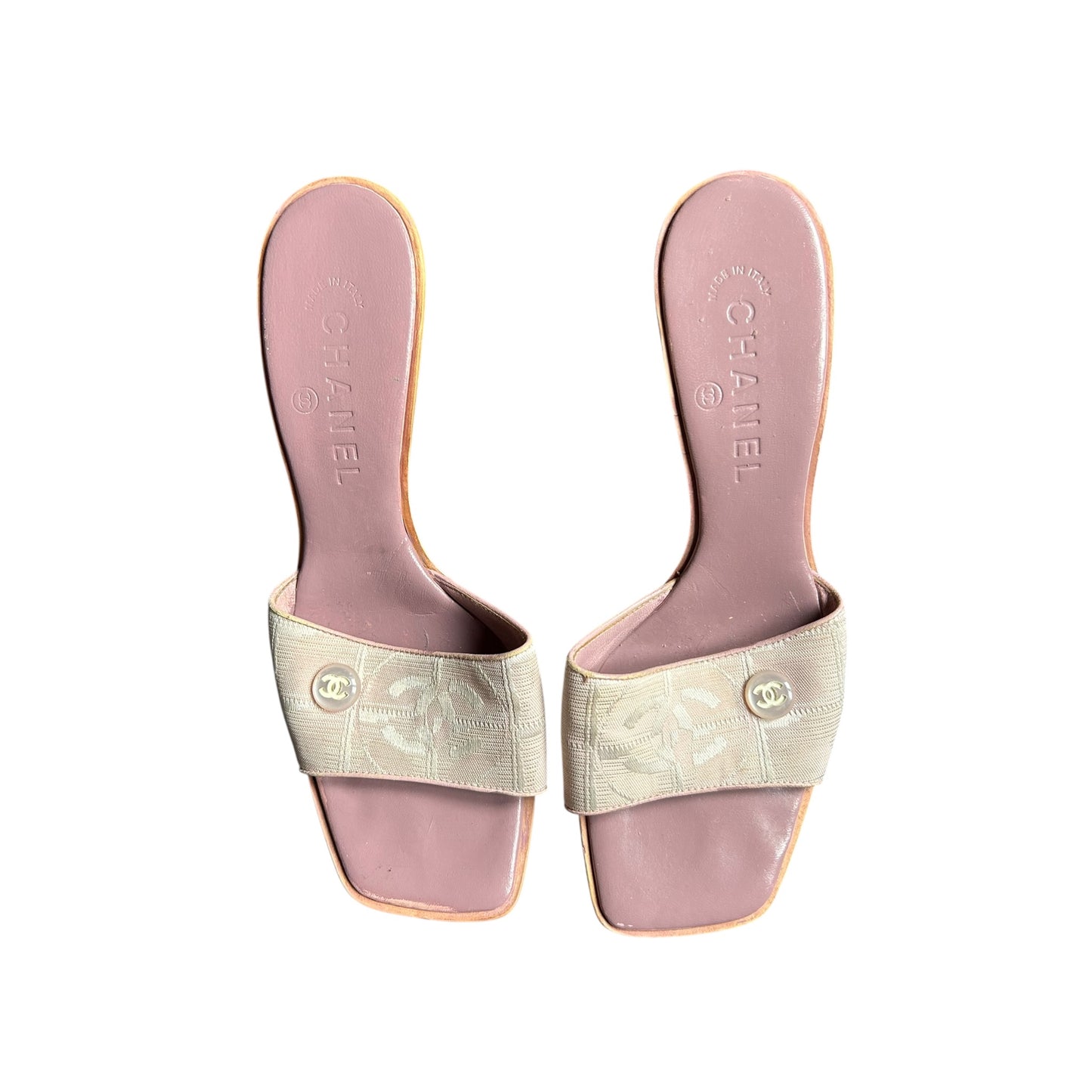 Vintage Chanel pink cloth travel line mule heels / 38