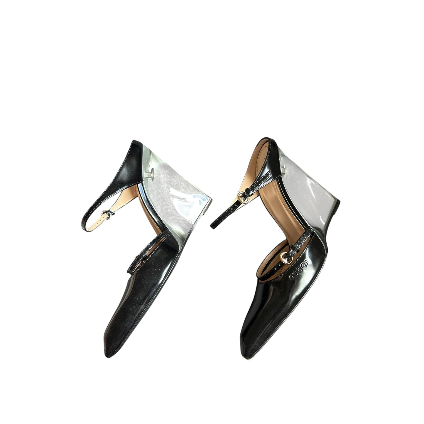 Vintage rare Gucci black leather plastic wedge / 36
