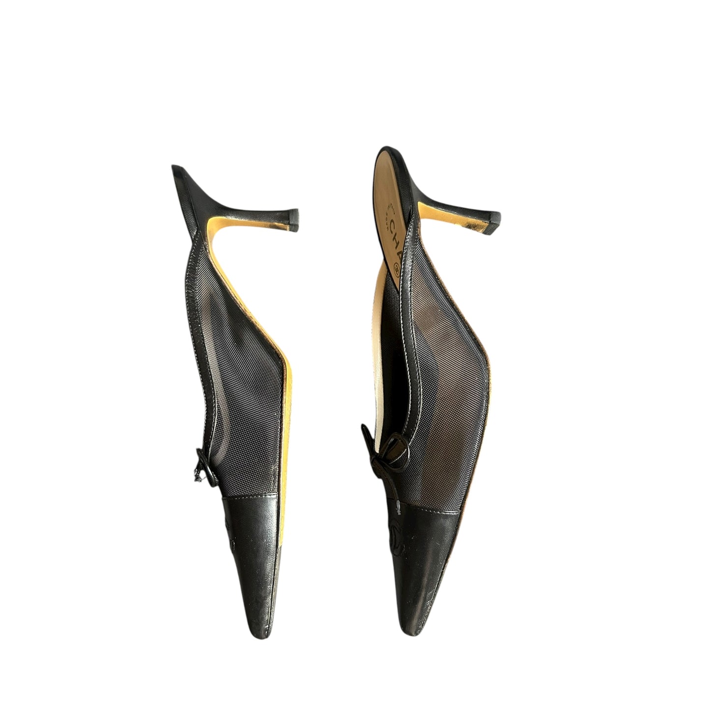 Vintage Chanel CC interlocking logo black leather mesh mule heels / 40