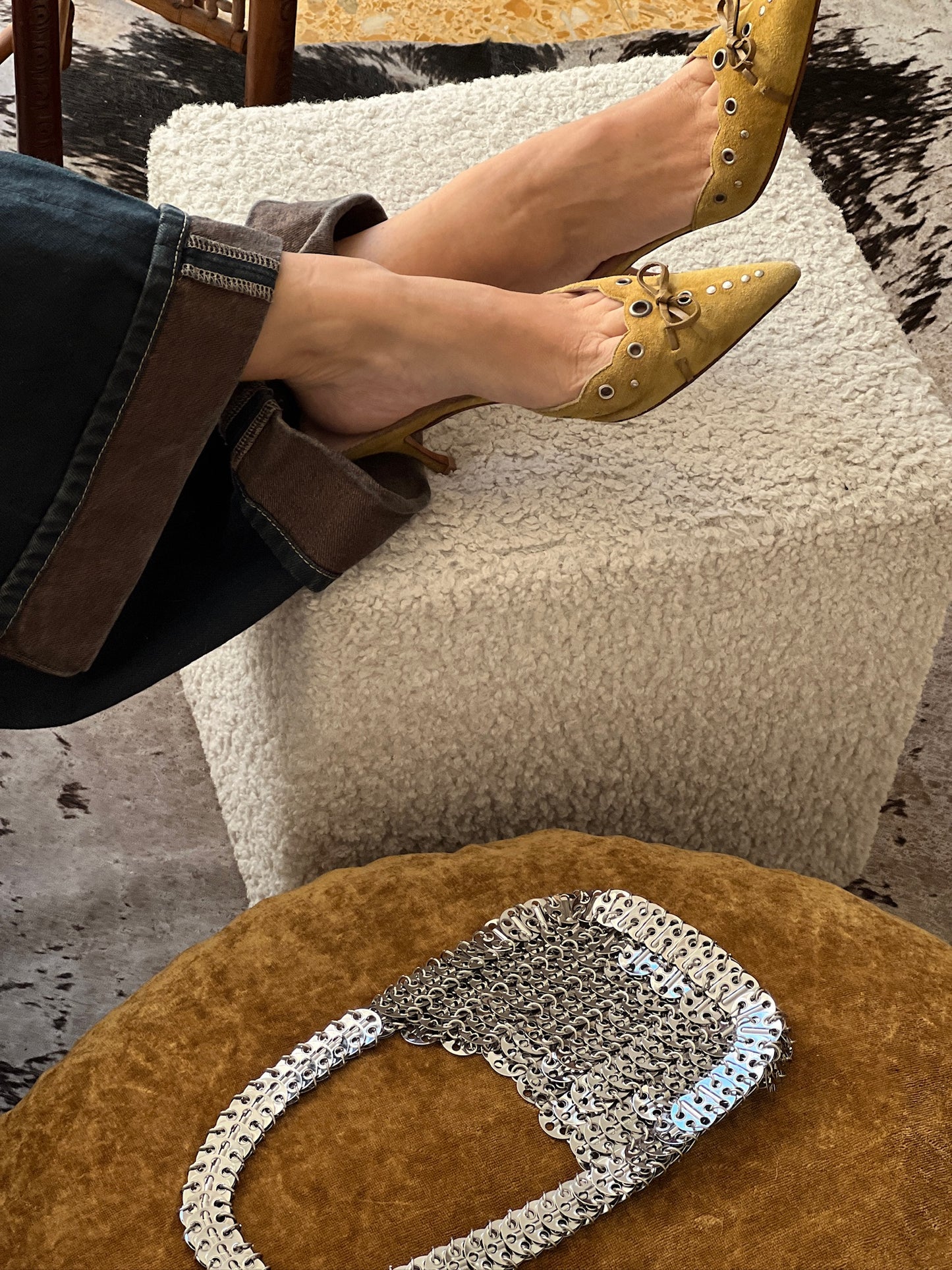 Vintage Prada lime eyelet mule heels / 39