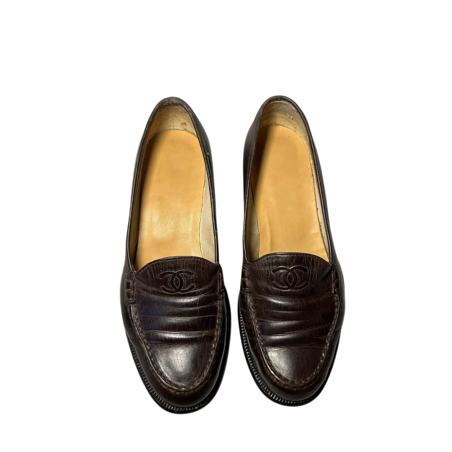 Vintage rare 90s Chanel brown leather CC interlocking logo loafers / 37