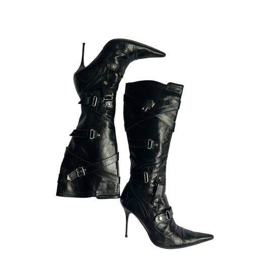 Vintage El Dantes black leather buckle strap boots / 37