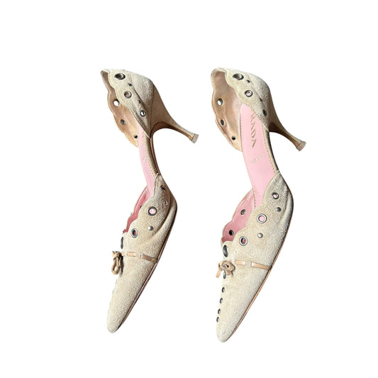 Vintage Prada beige suede eyelet heels / 40
