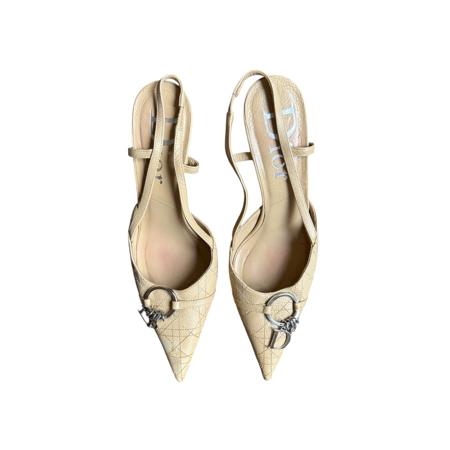 Vintage rare Dior metal spell out logo nude slingback heels /37