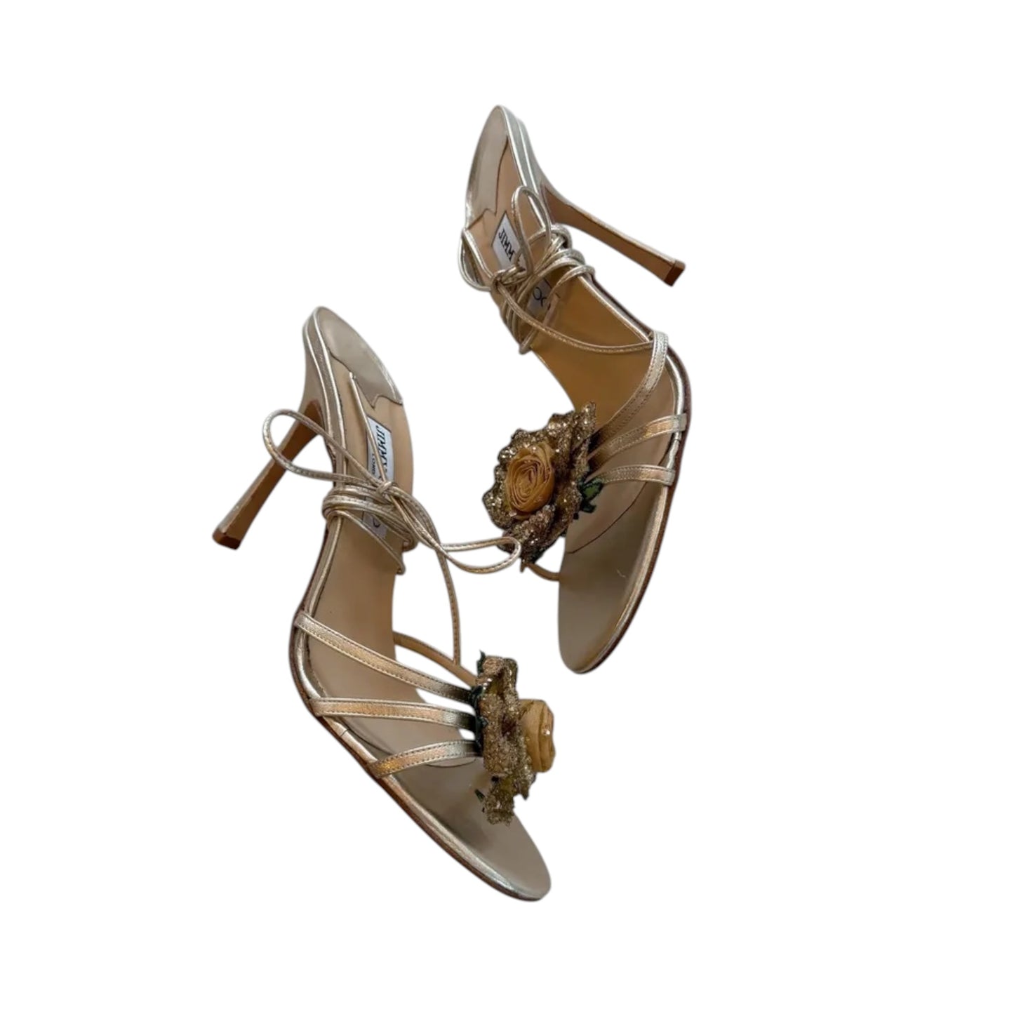 Jimmy Choo Gold Rose Floral Lace-Up Heels / 42