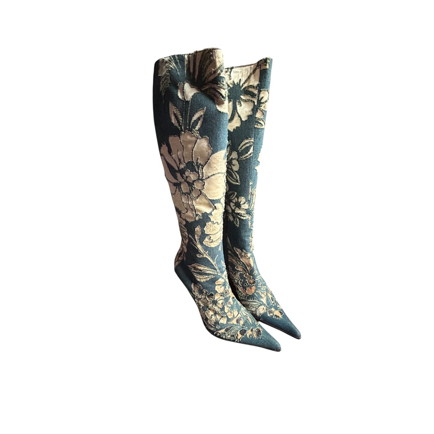 Vintage Roberto Cavalli S/ S 2002 Floral Laser-Cut Denim Leopard Boots 41