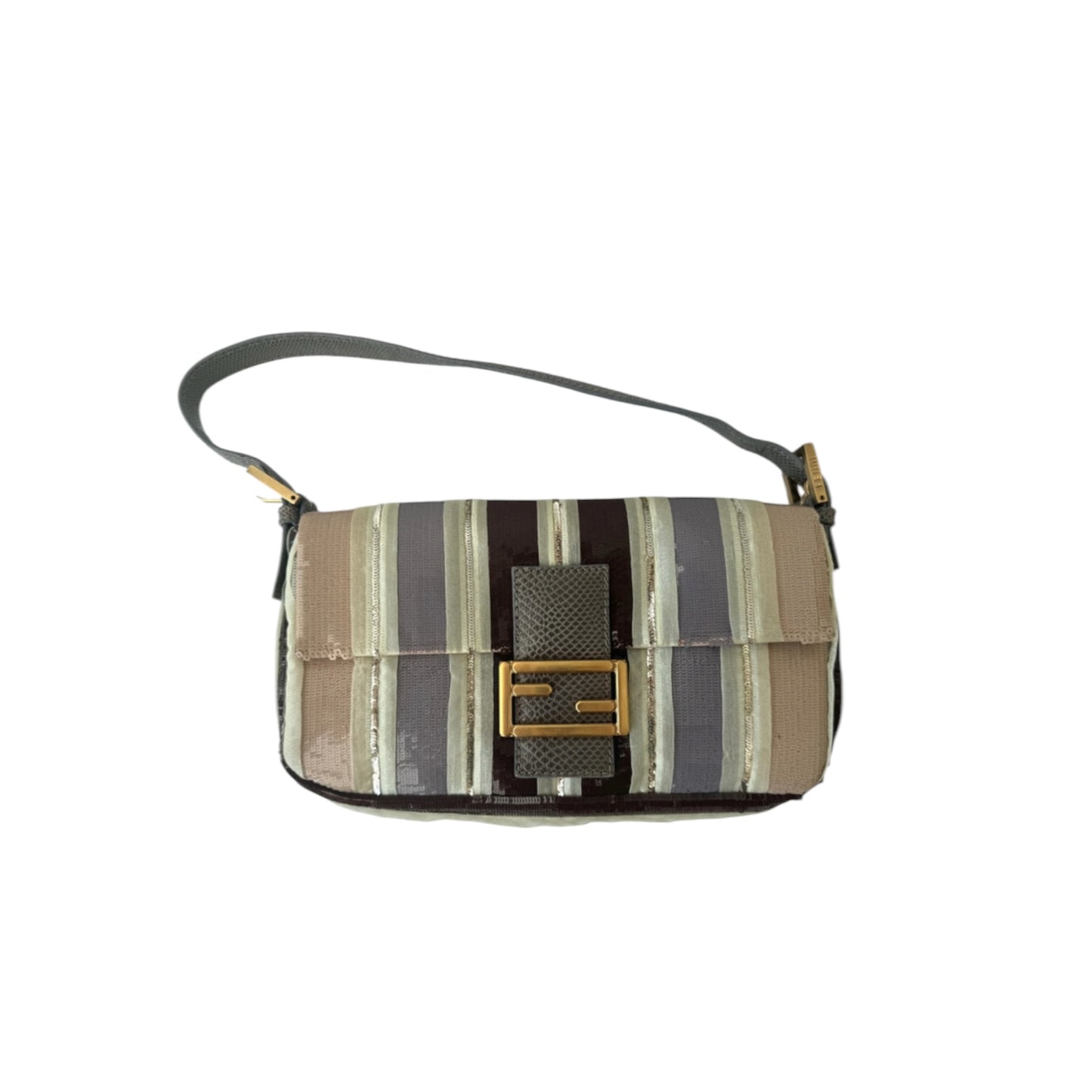 Vintage Fendi Baguette Bag Brown Beige Striped Sequin Zucca FF Shoulder Bag