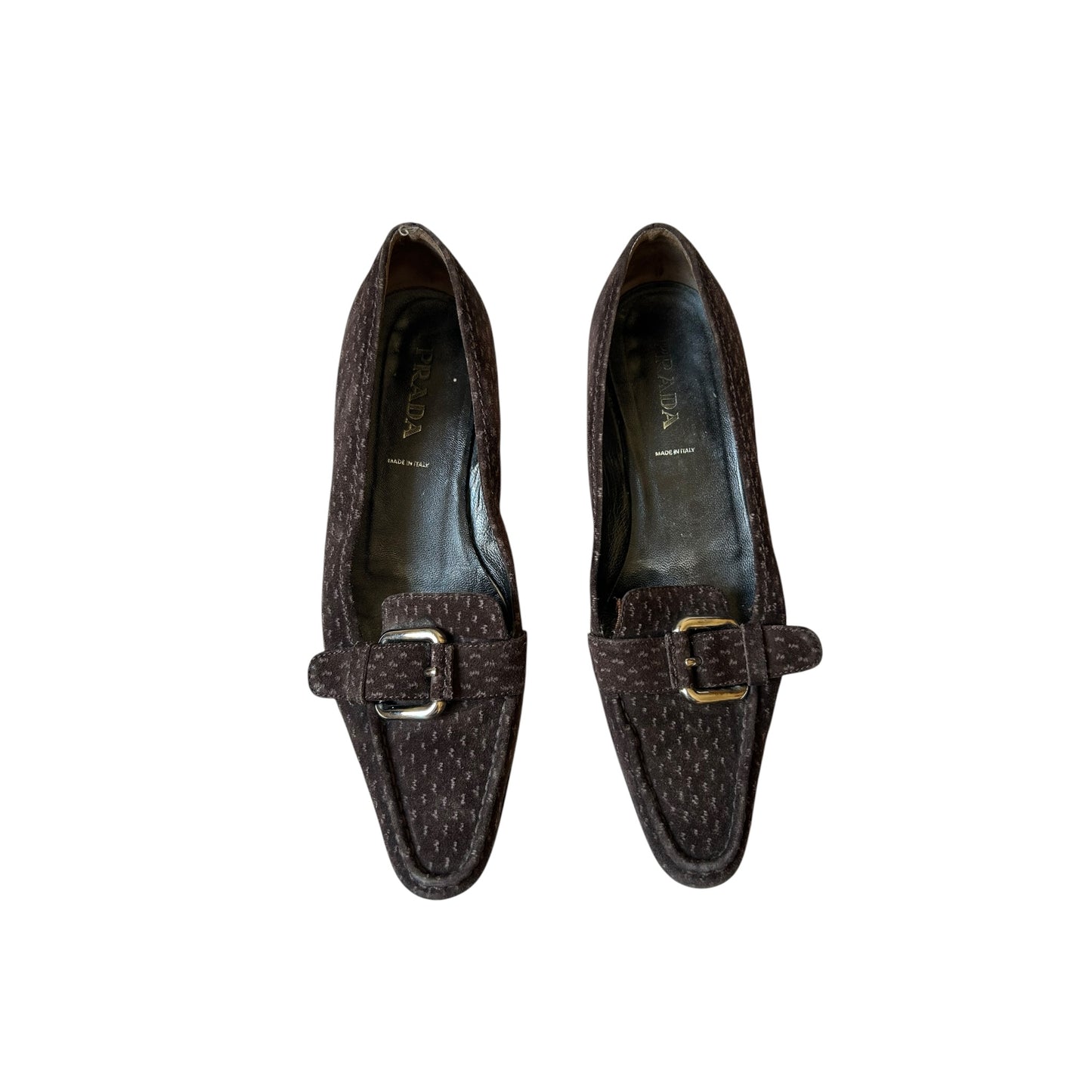 Vintage Prada suede brown ostrich buckle loafer flats / 37.5