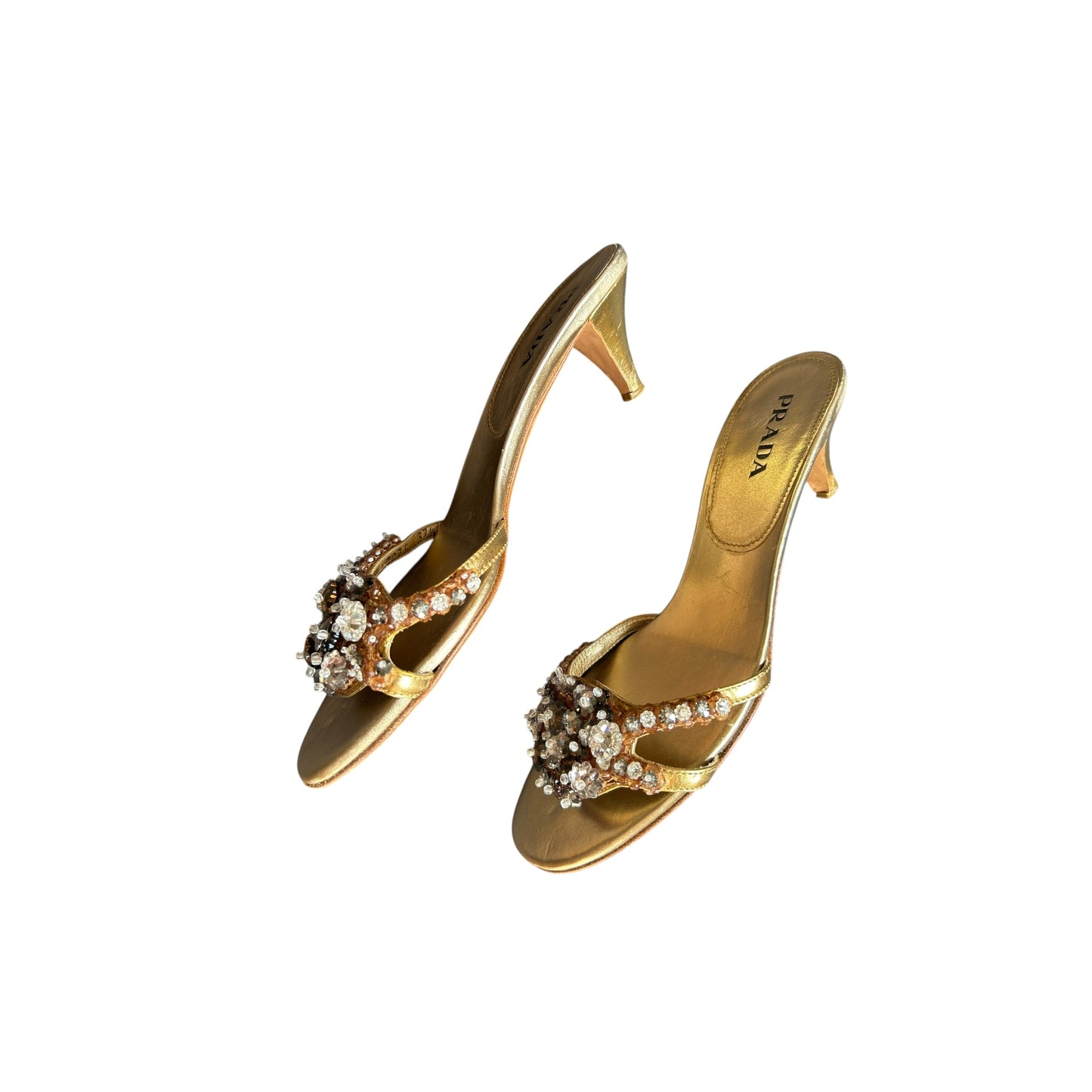 Vintage Prada crystal embedded golden mule heels / 37.5
