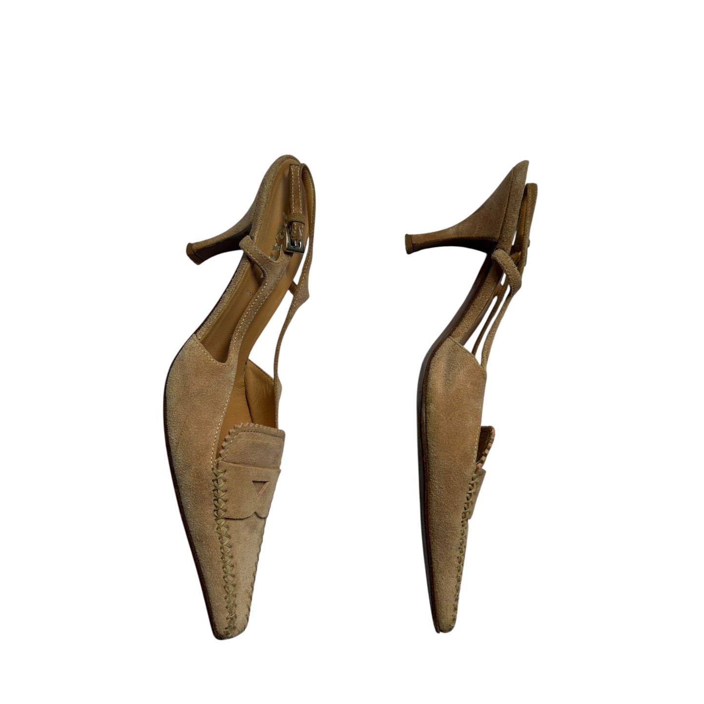 Vintage Prada nude powder suede slingback kitten heels / 37