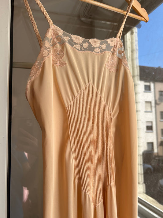Vintage butter maxi slip dress with lace floral details/ L