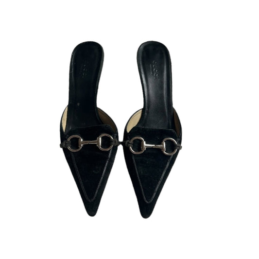 Vintage Gucci by Tom Ford black suede horse-bit mule heels / IT38