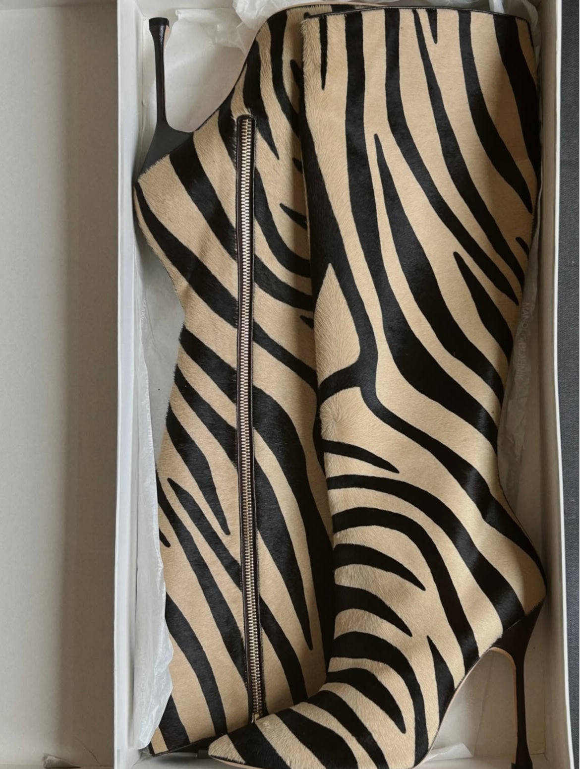 Vintage Manolo Blahnik pony hair zebra print knee high boots/ 38.5