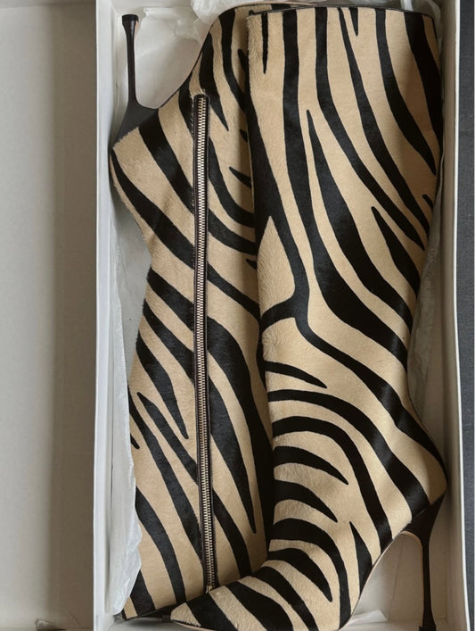 Vintage Manolo Blahnik pony hair zebra print knee high boots/ 38.5