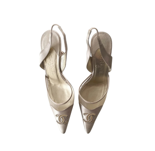 Vintage Chanel satin pearl CC logo slingback heels by Karl Lagerfeld/ 38.5