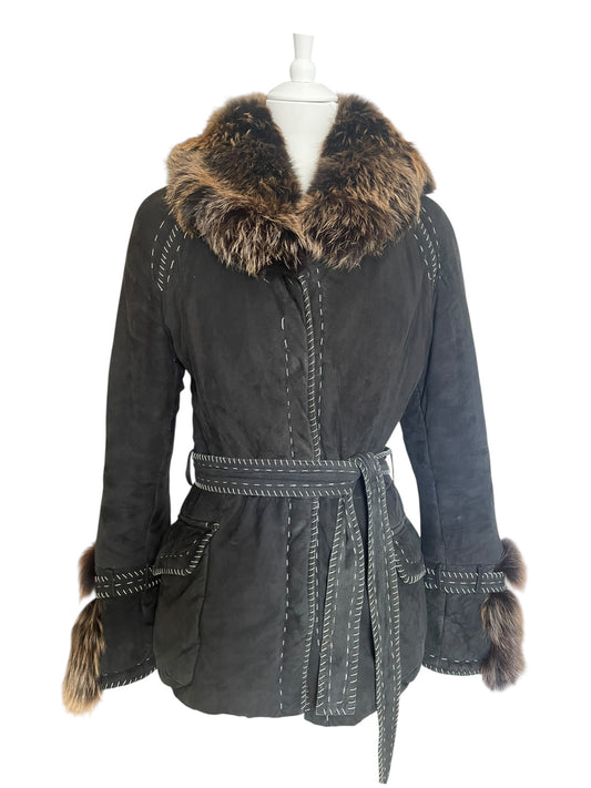 Vintage Roberto Cavalli 2006 Black Suede Washed look Jacket with Fox Fur Collar & Belt