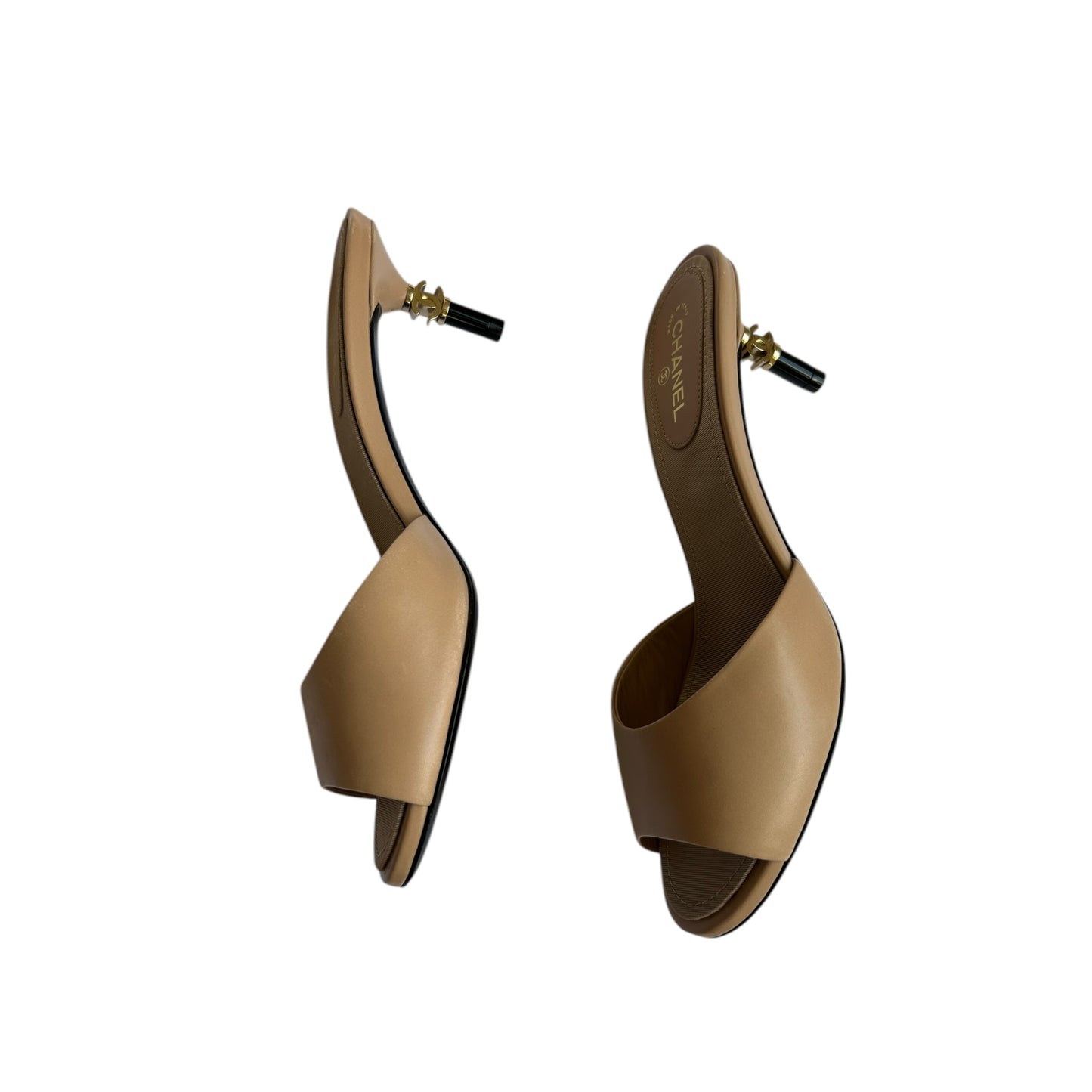 Vintage Chanel tan leather CC interlocking logo mule heels / 36.5