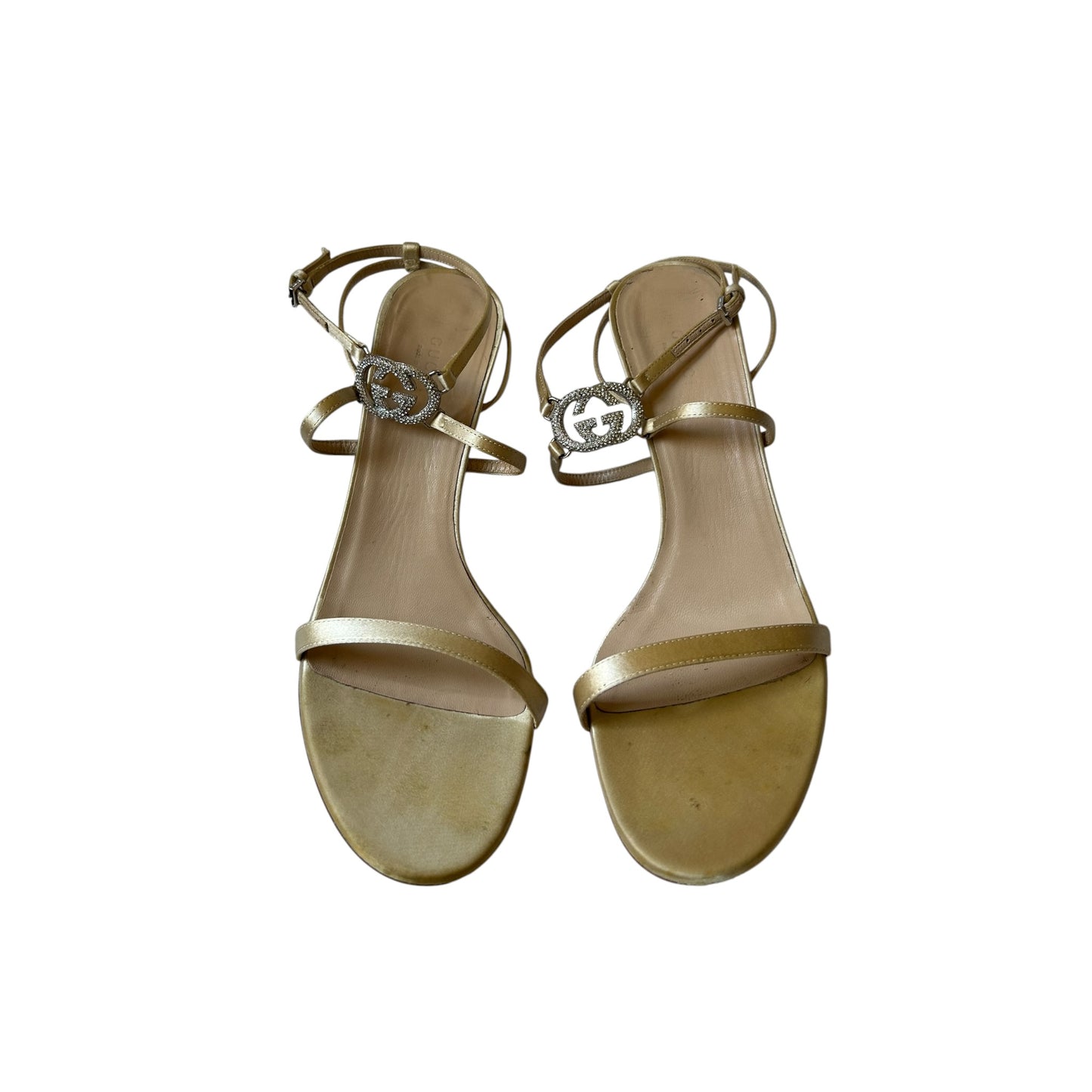 Vintage Gucci cream satin GG crystal logo sandal heels / 38.5