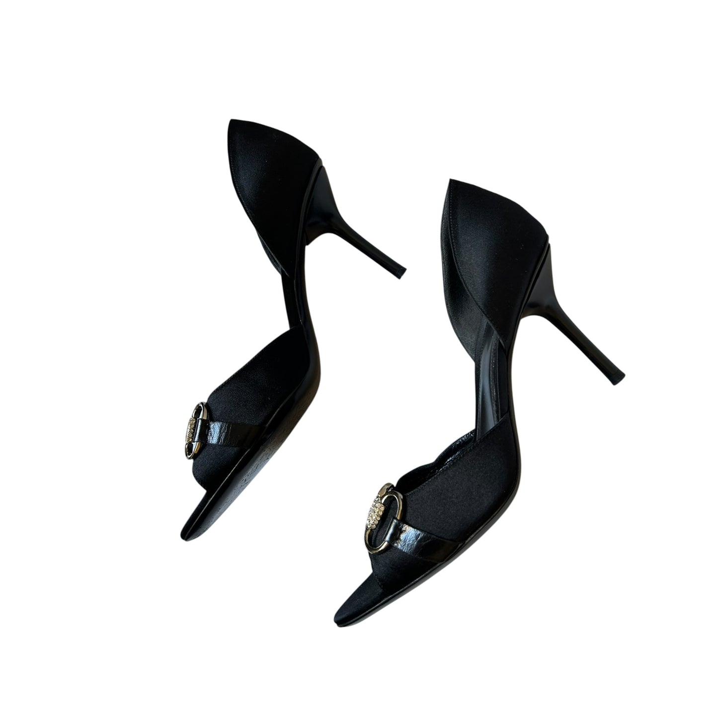 Vintage Gucci black satin silver crystal buckle D’Orsay heels /