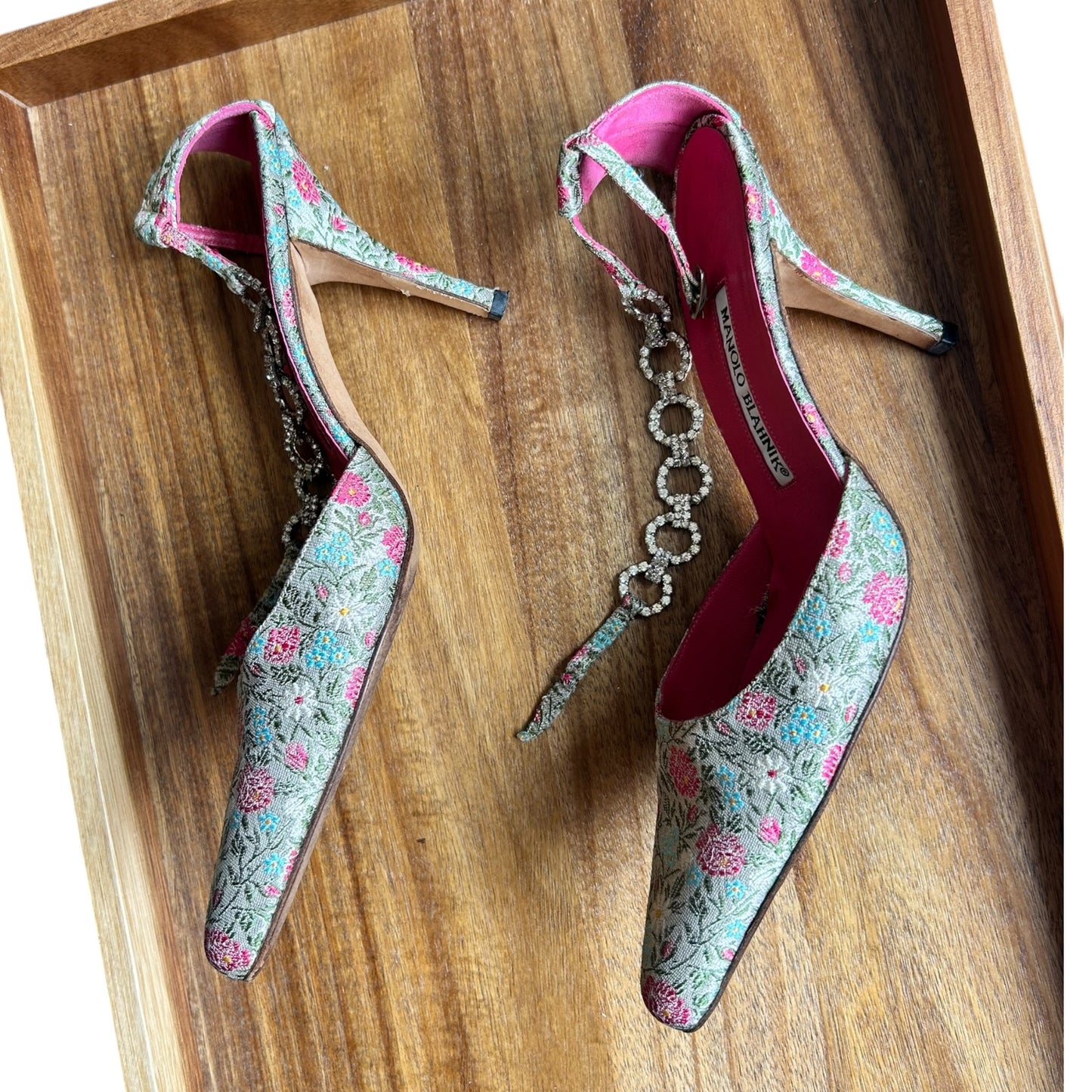 Vintage Manolo Blahnik floral crystal slingback heels / 38