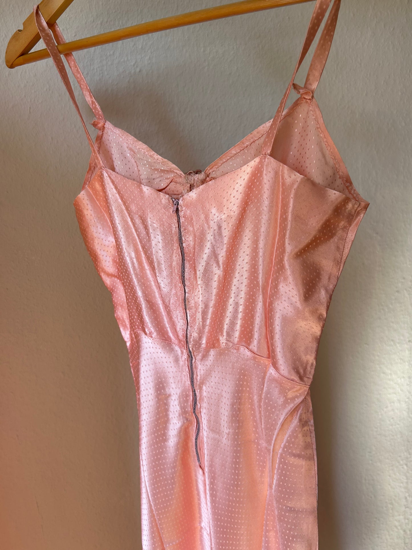 Vintage pink polka dot satin maxi slip dress with floral embroidery/ Xs