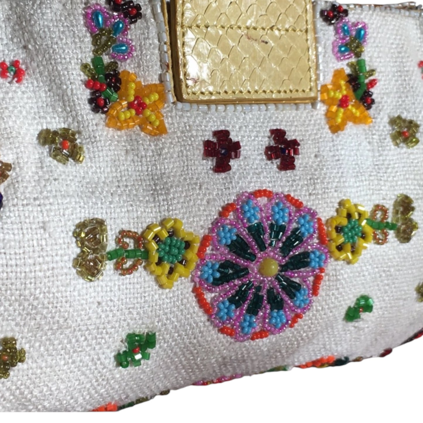 Fendi Baguette Floral Beaded Bag – Vintage Linen & Python Leather FF Logo Shoulder Bag