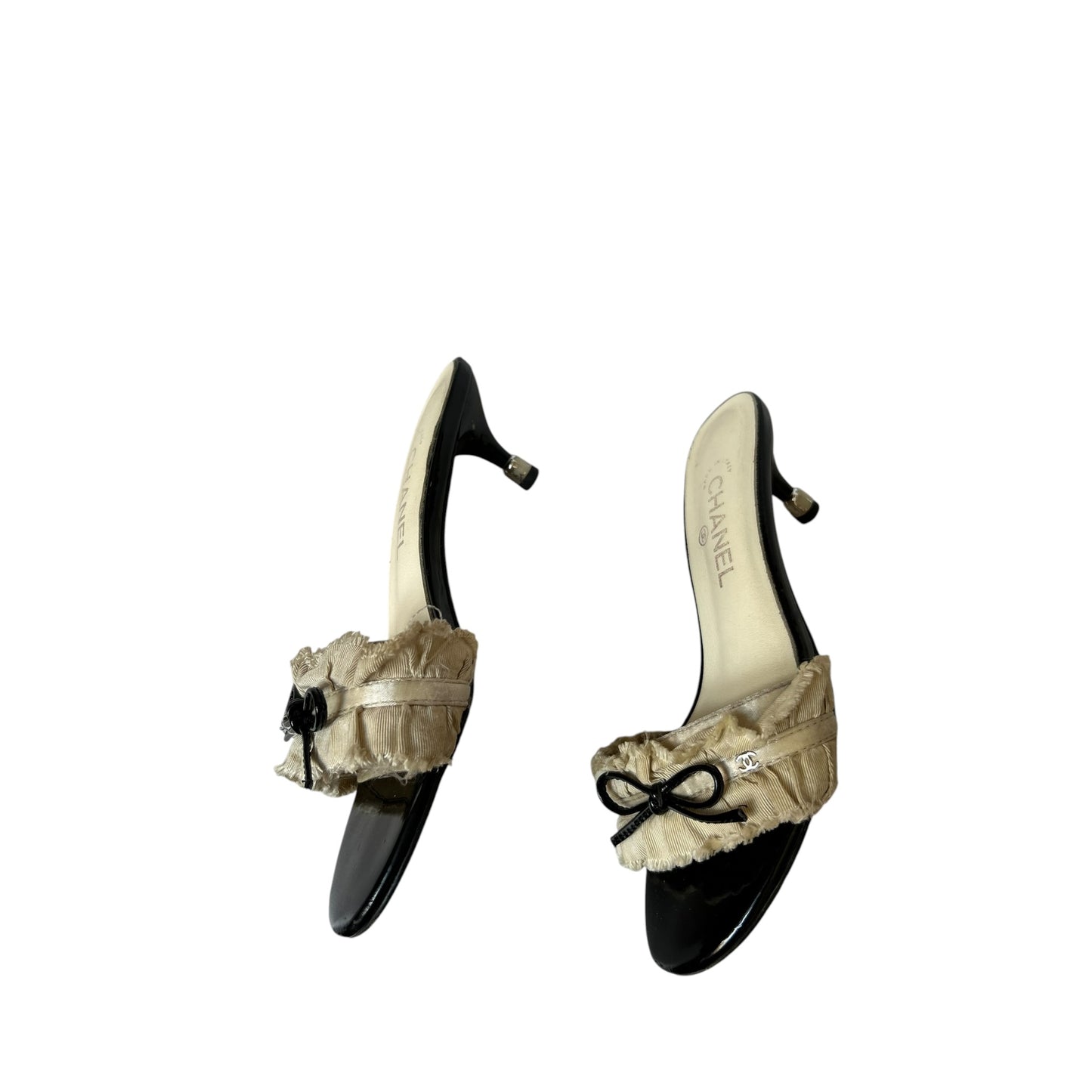 Vintage iconic Chanel by Karl Lagerfeld ruffle CC logo mule heels / 36