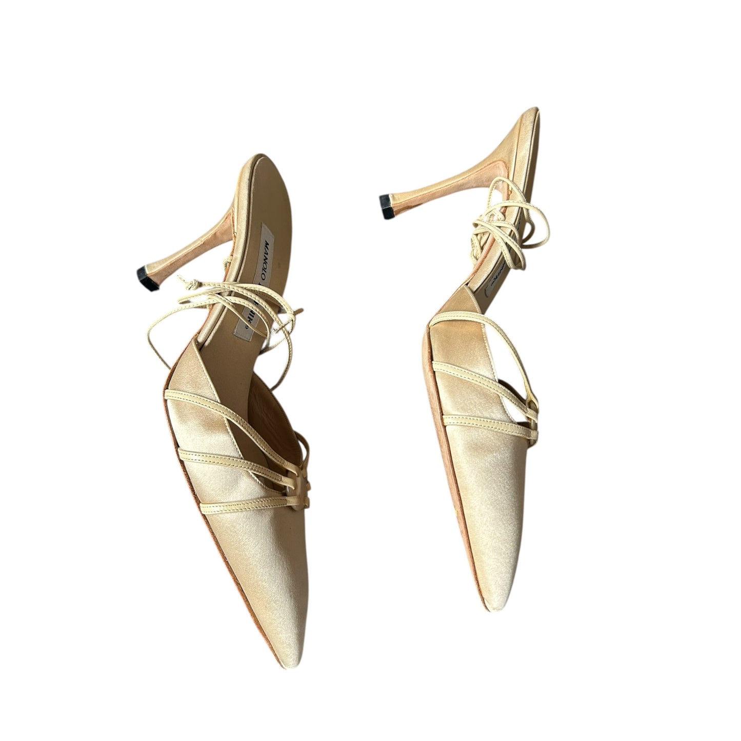 Vintage Manolo Blahnik gold satin button detail wrap around mule heels / 40