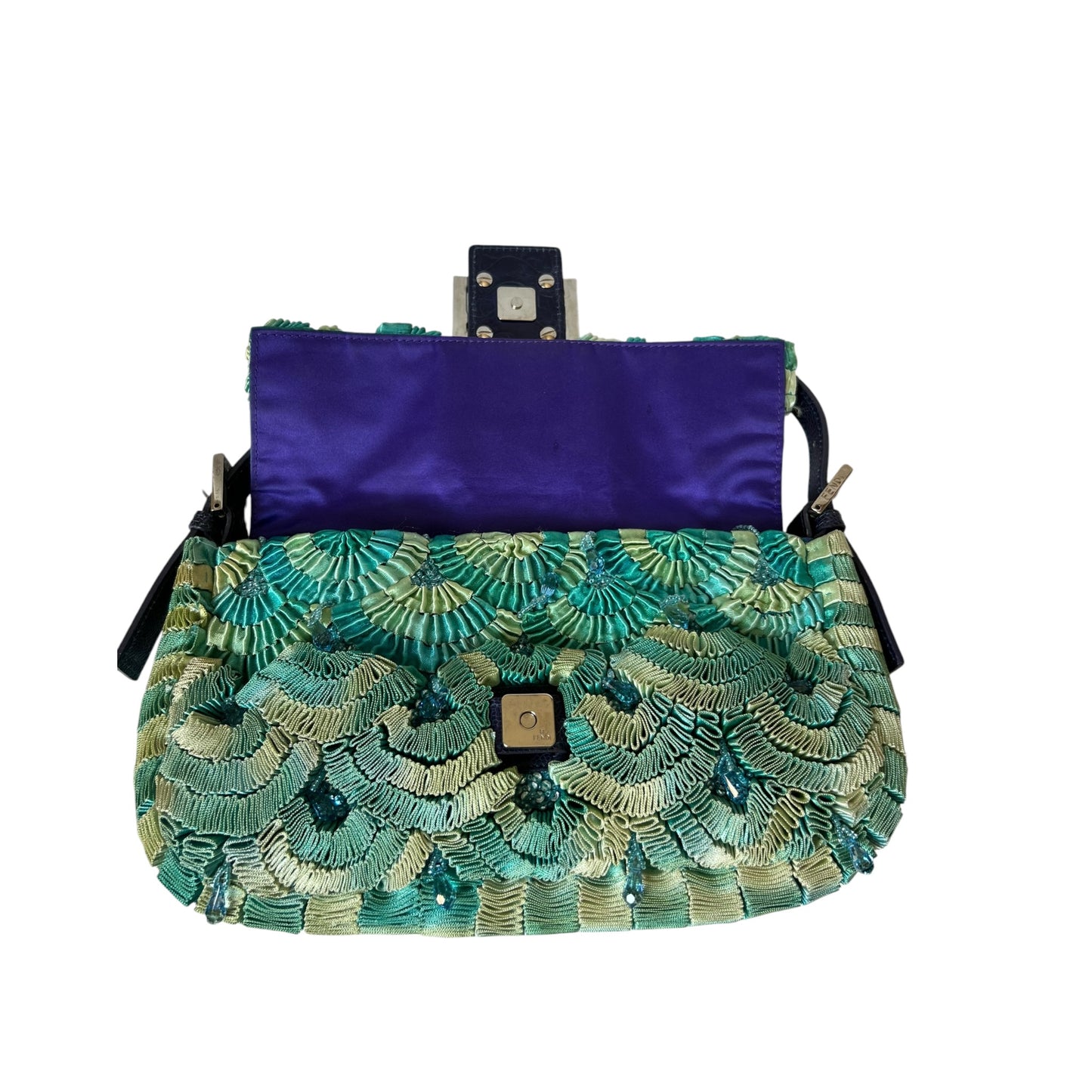 Vintage Fendi Lizard & Ostrich Leg-Trimmed Embellished Baguette 1997