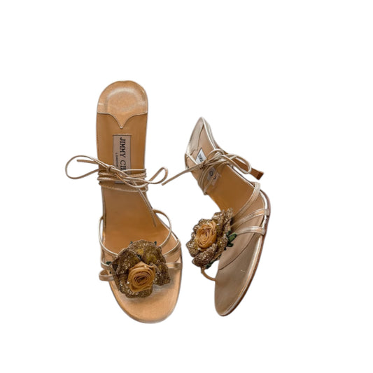 Jimmy Choo Gold Rose Floral Lace-Up Heels / 42