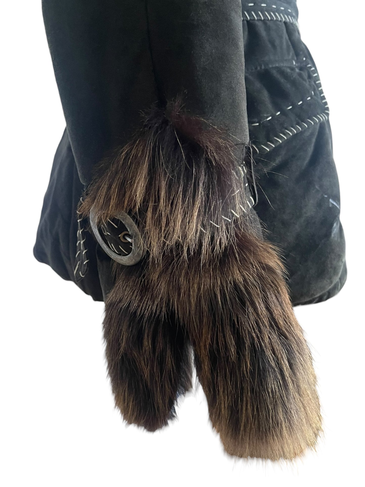 Vintage Roberto Cavalli 2006 Black Suede Washed look Jacket with Fox Fur Collar & Belt