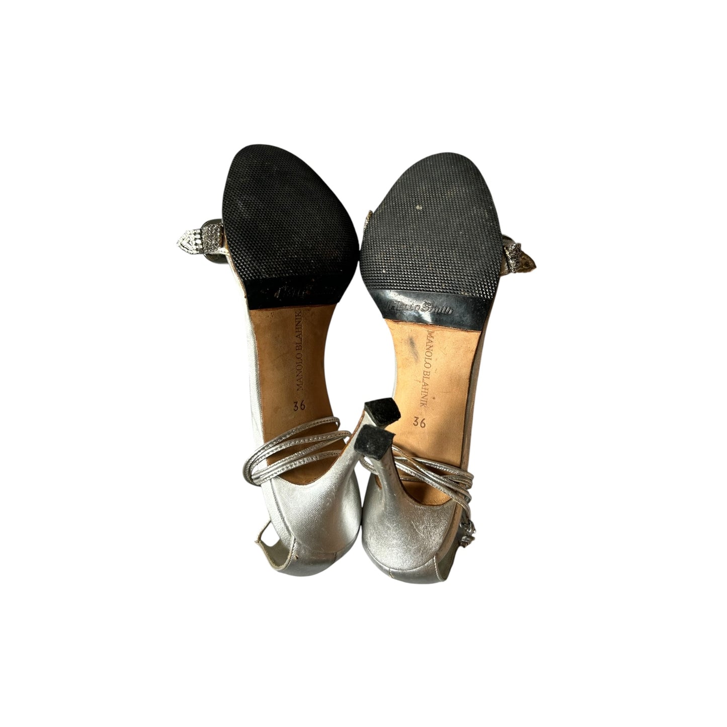Vintage Manolo Blahnik silver beaded crystal wrap around sandal heels / 36