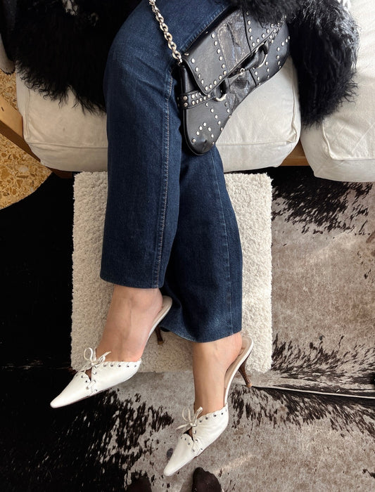 Vintage Dior 2003 Whipstitch Trim Mules "Bondage" collection designed by John Galliano white leather mule heels / 38