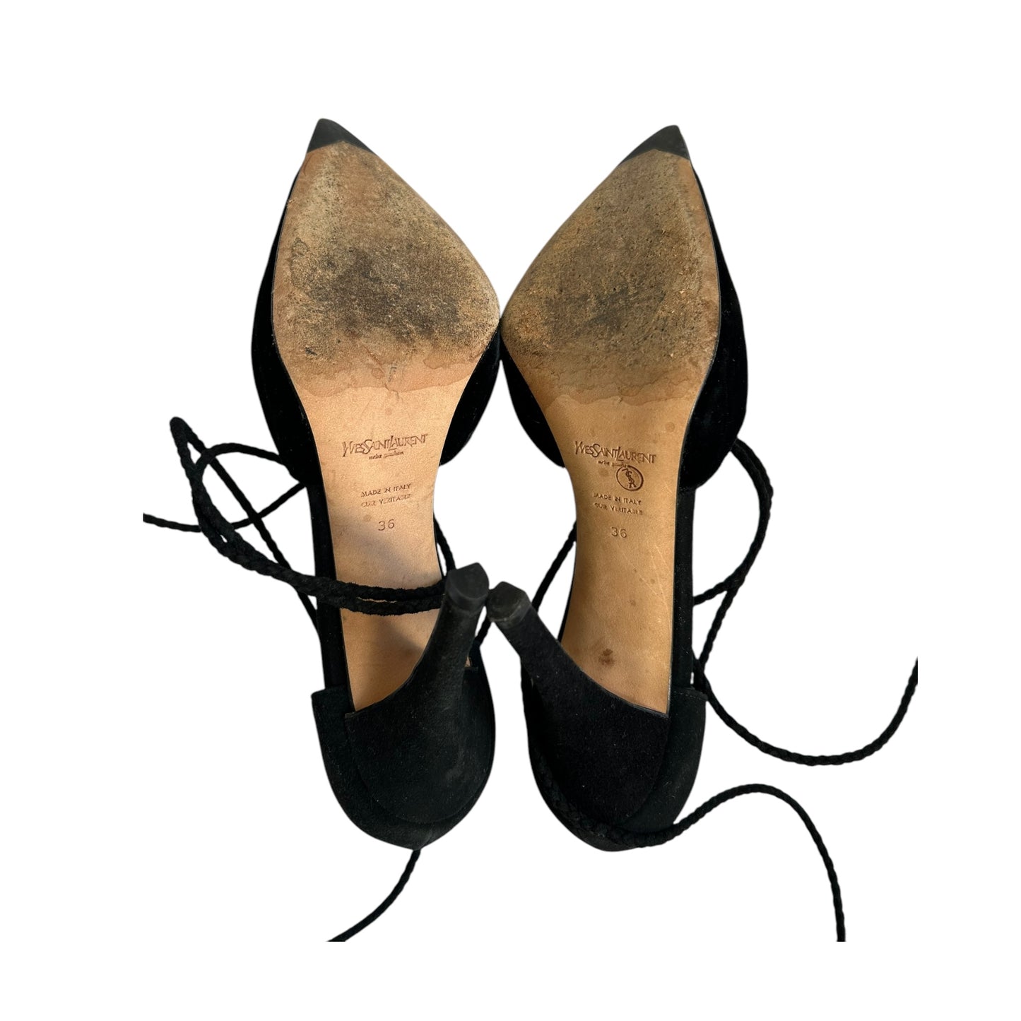 Vintage Yves Saint Laurent black velvet wrap around heels/ 36