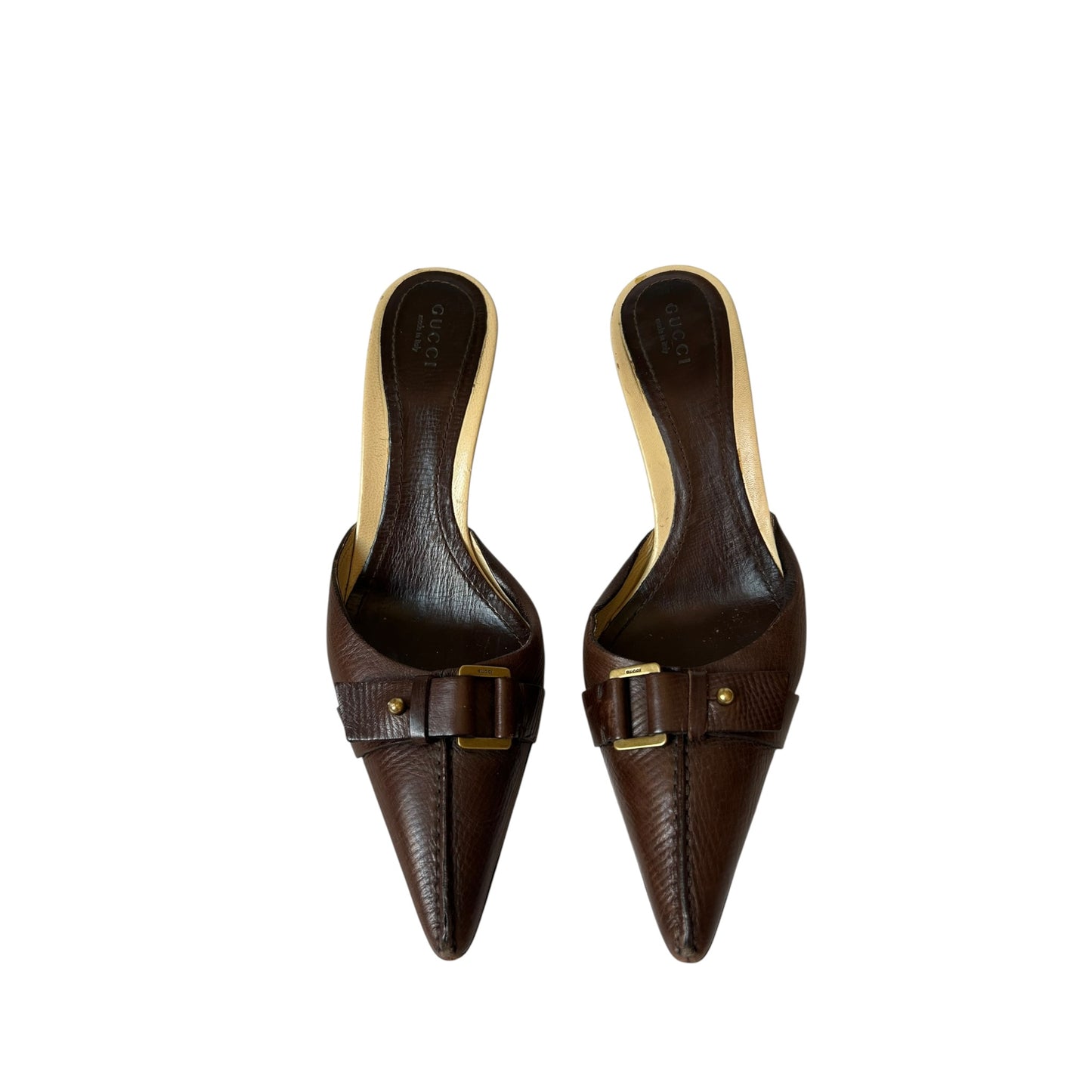 Vintage Gucci brown leather buckle mule heels / 37.5
