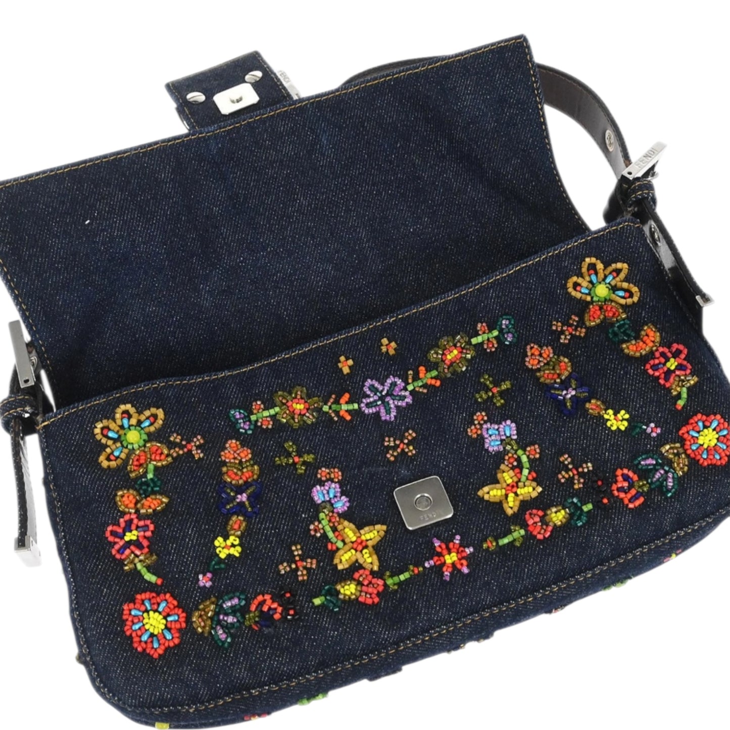 Fendi Baguette Denim Floral Beaded Bag – Vintage Embroidered FF Logo Shoulder Bag