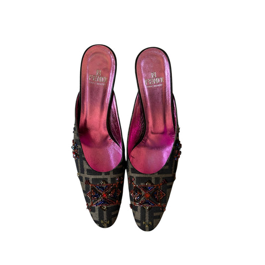 Vintage rare Fendi Zucca monogram logo embroidered mule heels / 38.5