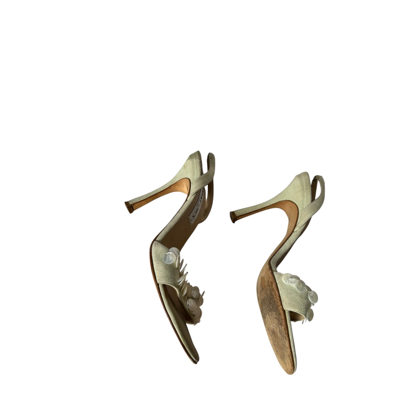 Vintage Jimmy Choo beige suede pearl slingback heels / 38